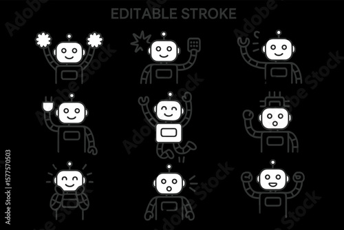 Cute robotic icons with various expressions and actions on black background