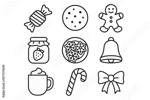 Festive holiday icons: candy, cookies, gingerbread, and more