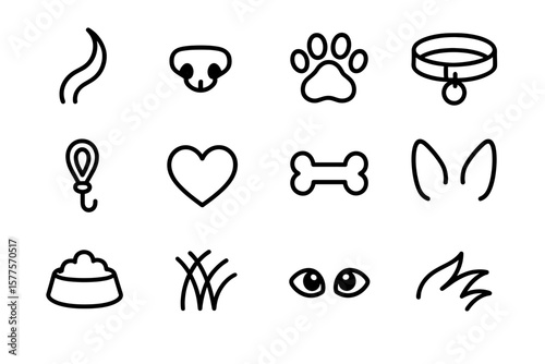 Pet icon set: nose, paw, collar, leash, heart, bone, ears, bowl, grass, eyes, fur