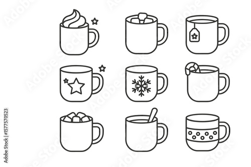 Assorted hot beverage icons featuring stars, snowflakes, marshmallows, and candy canes