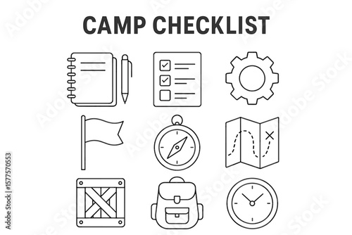 Camping essentials: checklist with compass, map, gear, and more icons