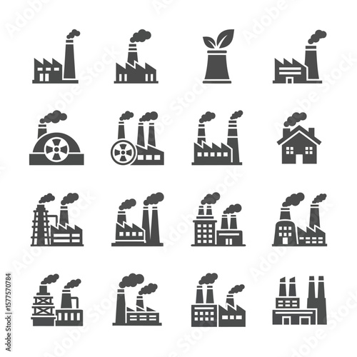 Set of Environmental and Industrial Icons Pollution, Sustainability, and Manufacturing Concepts