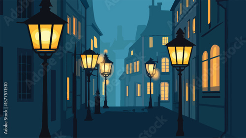 Vintage Streetlamps Illuminating Old City Center at Night
