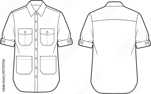 Short sleeve utility shirt flat sketch, front and back technical drawing, button-up with flap pockets, fashion vector template, apparel design