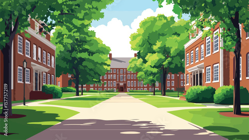 Tranquil University Campus with Elegant Brick Buildings