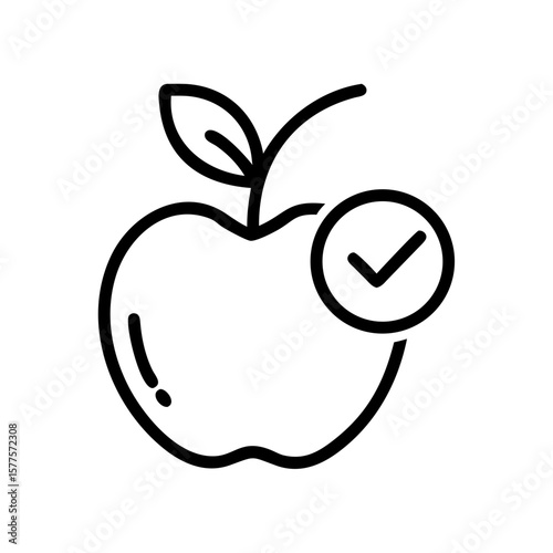 Apple with check mark symbolizing approval on white background. Fresh apple with check mark, representing a healthy choice and quality assurance.