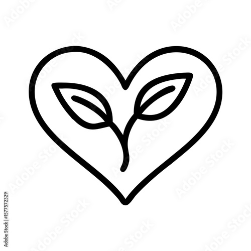 Conceptual heart icon with leaves and abstract sprout in naturalistic outline, an environmental icon for sustainability. Heart icon with leaves is design for healthy lifestyle or organic branding.