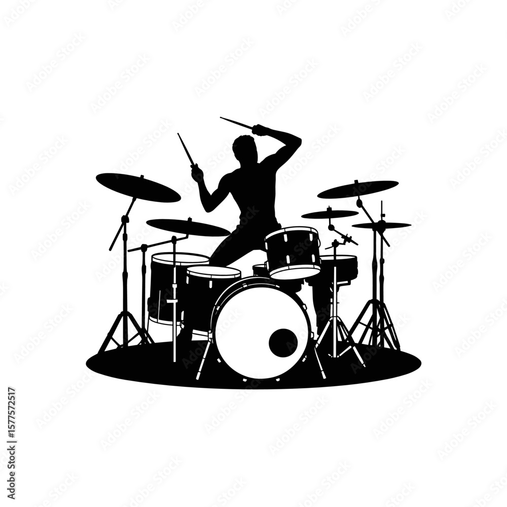 Fototapeta premium Rhythmic Silhouette: A captivating monochrome silhouette of a drummer intensely focused, immersed in a dynamic performance. The image highlights the artistry of musical expression.