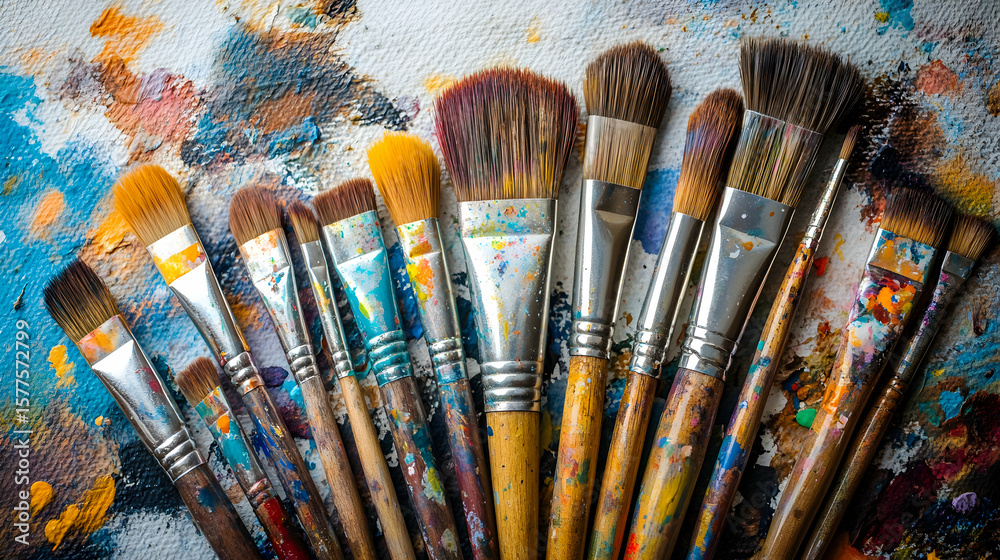 Fototapeta premium Assortment of paintbrushes on a paint palette.