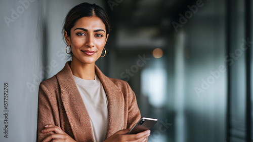 Confident Indian female executive standing in modern office using a smartphone