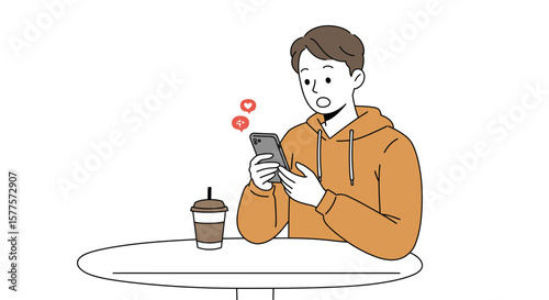 Man Reacting to Social Media Notifications on Smartphone - Coffee & Digital World