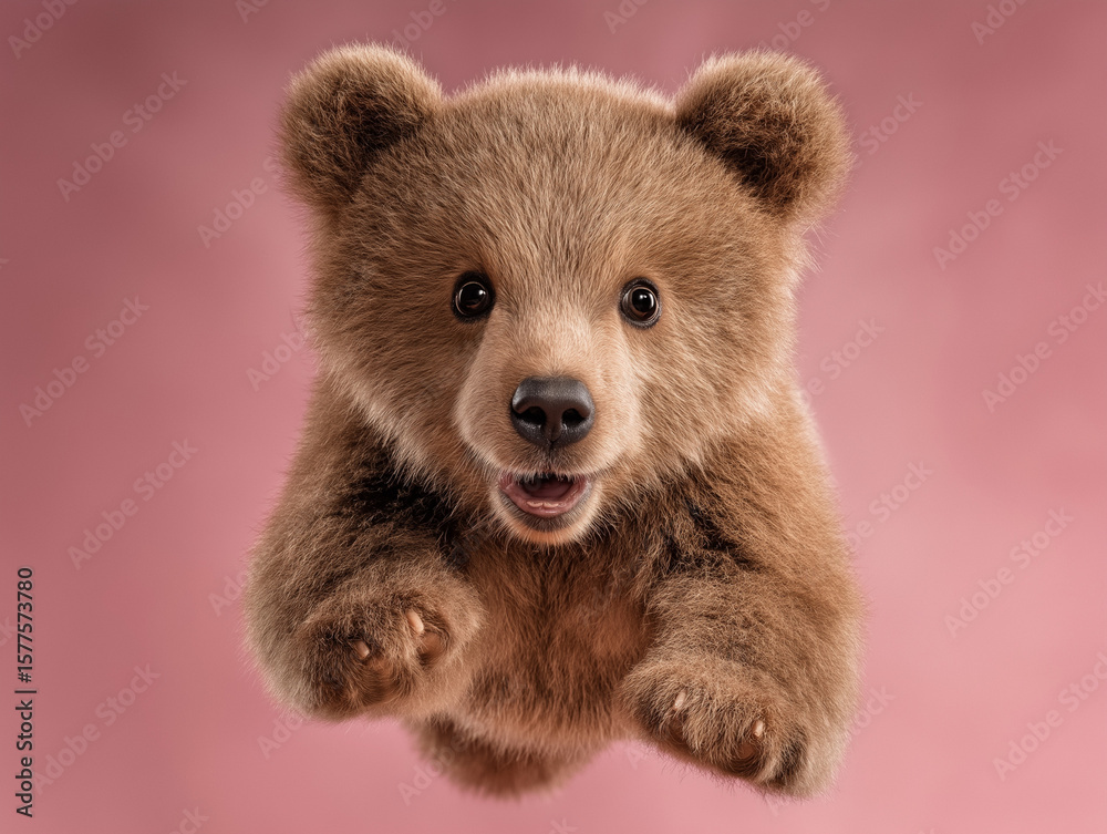 Fototapeta premium Joyful Cub in Flight: A charming close-up shot showcases a playful baby brown bear cub with its adorable, fluffy fur. With its eyes wide with happiness, the cute cub seems to be floating.