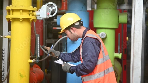 Engineer is checking pressure gauges on large gas pipelines inside a plant checking 