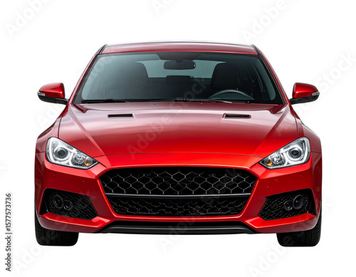 Red Sports Car Front View with Headlights On, Clean Studio Lighting, Transparent Background