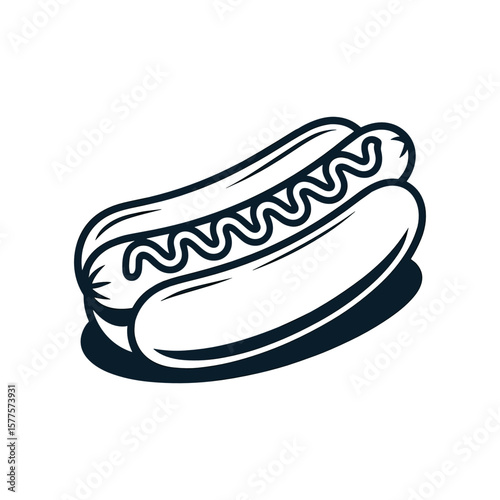 Hotdog Illustration: A detailed monochrome illustration of a classic hotdog, complete with a savory sausage nestled within a soft bun, and a generous squiggle of mustard.
