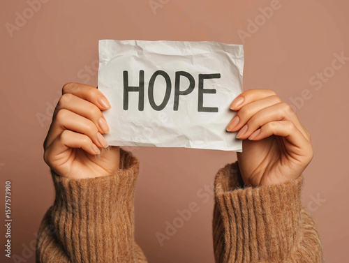 Uplift of 'Hope': A tender pair of hands delicately present a crumpled piece of paper, upon which the powerful word 