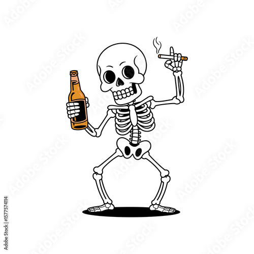 Skeleton enjoying drinks and smoking: A cartoon skeleton enjoys a bottle of beer and a cigarette.  The skeleton is depicted in a fun, slightly mischievous pose.
