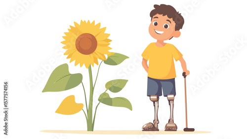 Smiling Young Boy with Prosthetic Leg and Crutch