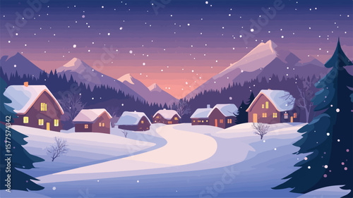 Twilight Snow Covered Alpine Village Scenic Landscape
