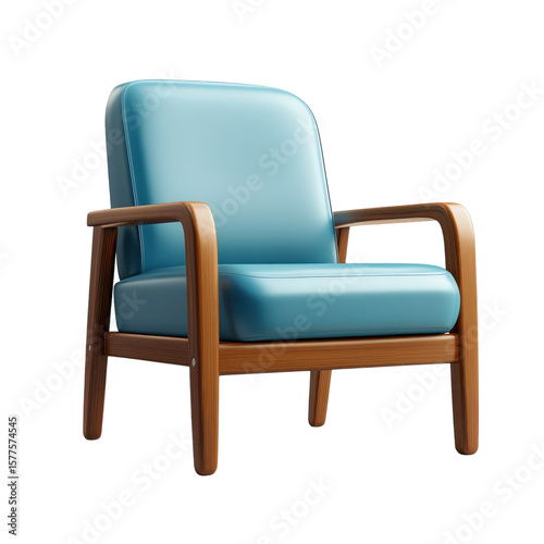 Modern chair blue leather seat wooden frame furniture minimalist design on transparent background