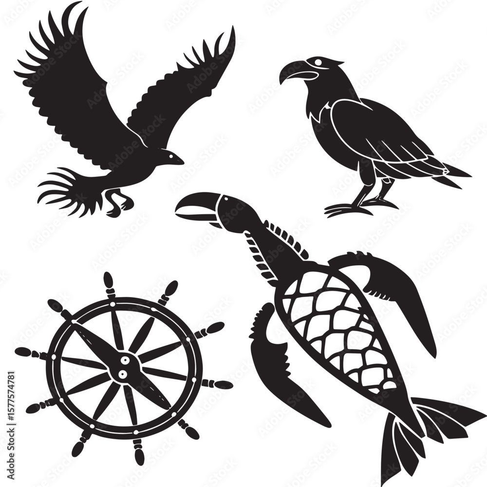 Fototapeta premium Stylized black silhouettes of two eagles a sea turtle and a ship s wheel on a white background