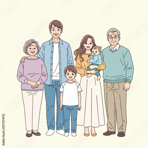 Hand-Drawn Vector of Happy Big Family Portrait with Parents, Children, and Grandparents – Generations and Togetherness Illustration