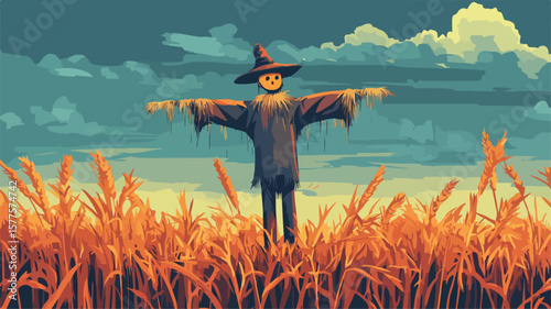 Scarecrow in Crop Field After Rain - Rural Agriculture Scene for Design Projects