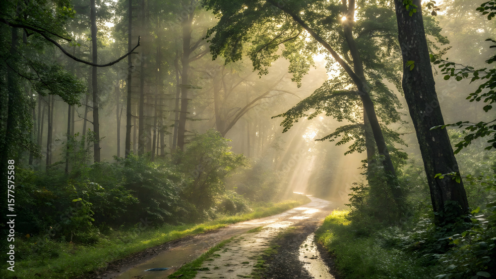 Fototapeta premium Sunbeams illuminate a winding dirt road through a serene forest in the morning light, creating a peaceful outdoor scene.