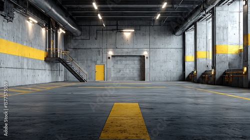 Empty Concrete Warehouse with Yellow Markings and Door