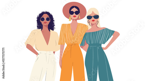 Three Stylish Diverse Women Standing Together in Fashion, Unity, and Empowerment Concept