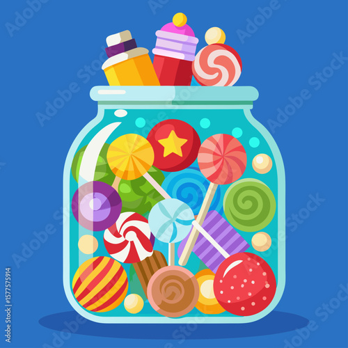 A colorful glass jar overflowing with a variety of sweet candies and lollipops