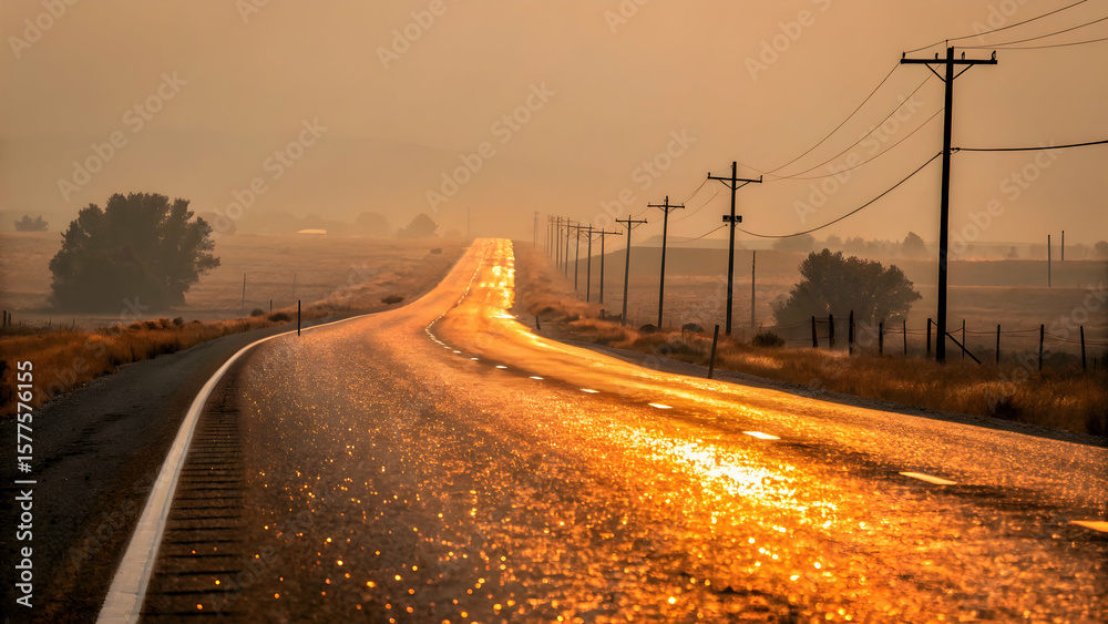 Golden hour light gleams on a rural road winding through a misty landscape near power lines and grassy fields. Golden hour light gleams on a rural road winding through a misty landscape near power lines and grassy fields.