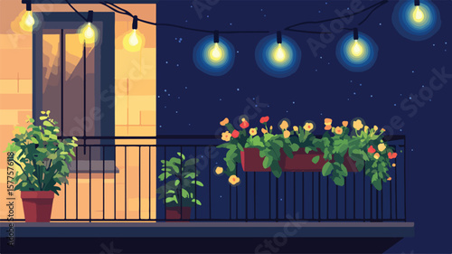 Enchanting Tiny Balcony Garden Glowing Under String Lights at Night