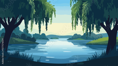 Tranquil River Scene with Willow Trees - Nature Landscape Photography