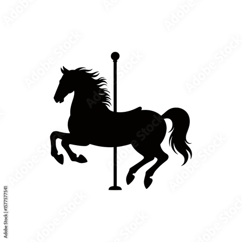 Carousel Horse Silhouette: A striking silhouette of a classic carousel horse, captured in a timeless, elegant style. The horse is posed mid-gallop. The perfect illustration for design use.