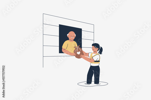 Illustration of Woman Donating Relief Bags to Elderly Man Affected by Flooding