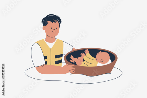 Illustration of Man Helping an Infant Child from the Flood