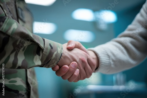 Partnership handshake signifies gratitude between soldier and civilian