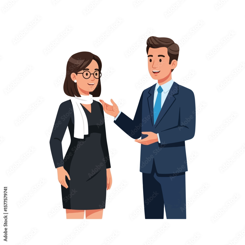 Two smiling businesspeople in suits stand and shake hands, sealing a successful agreement Two smiling businesspeople in suits stand and shake hands, sealing a successful agreement