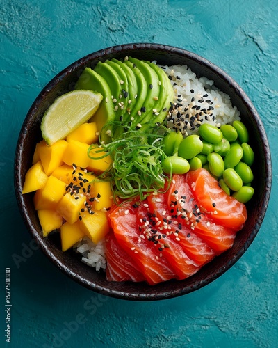 Hawaiian poke bowl with salmon, avocado, seaweed and mango. Top view