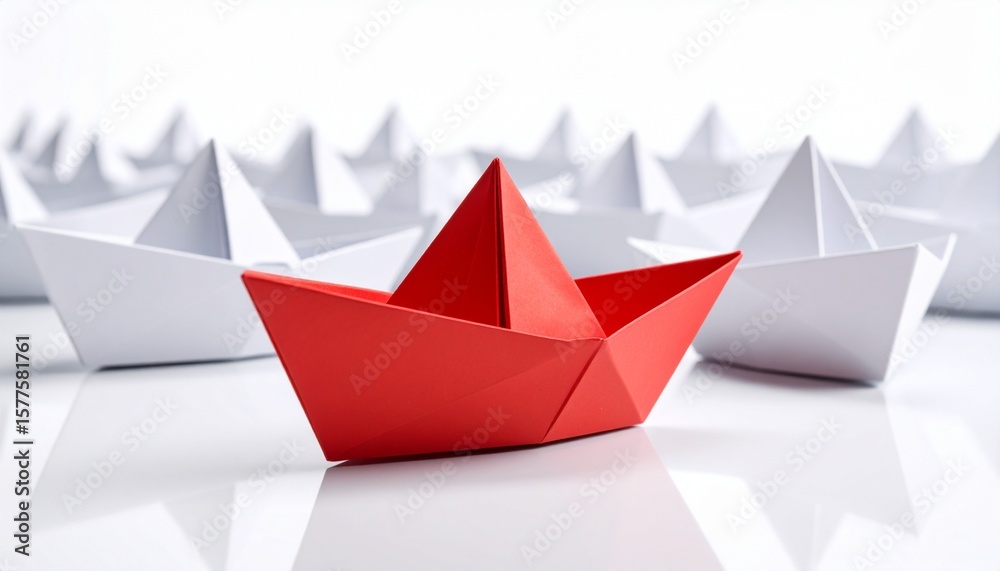 Red Paper Boat Leading White Fleet Concept Image. Red Paper Boat Leading White Fleet Concept Image.