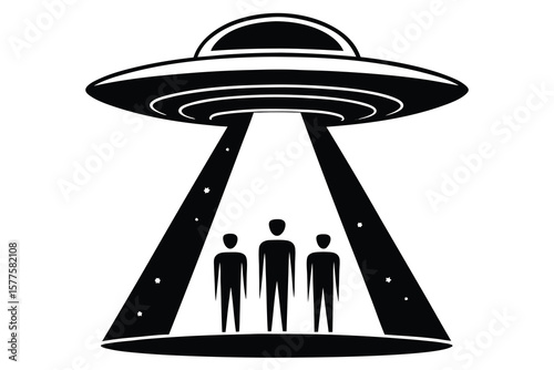 Black silhouette of a classic flying saucer abducting three stick figures with a beam of light