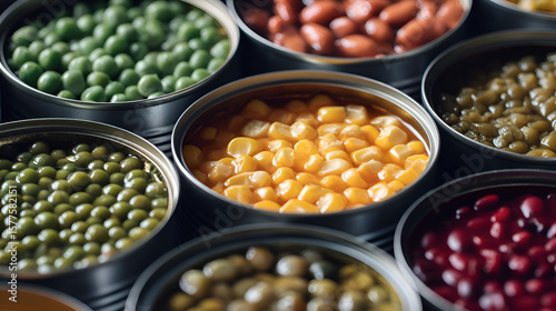 Preserved food in cans displaying variety of vegetables and grains