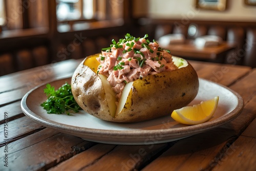 Jacket Potato with Tuna - United Kingdom Food: Dive into the classic British comfort of Jacket Potato with Tuna, a simple yet flavorful dish that perfectly combines hearty baked potatoes