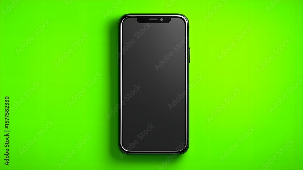 Naklejka premium Black mockup phone on green background with copy space. Concept of technology presentation and product display.