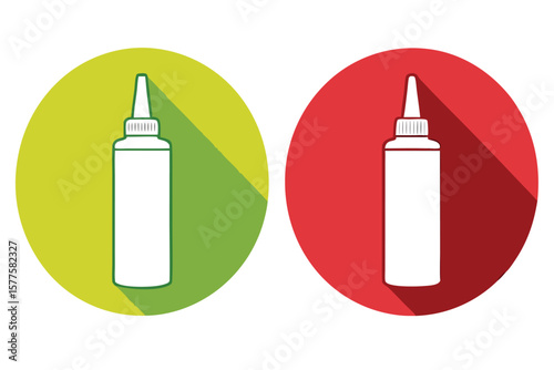 Two flat design icons of white squeeze bottles with long shadows on colored circles