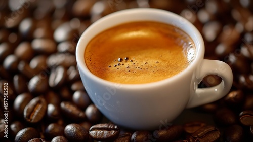 Aromatic espresso cup nestled among roasted coffee beans for a rich and inviting coffee experience.