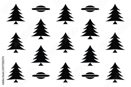 Pattern of black christmas trees and flying saucers on a white background