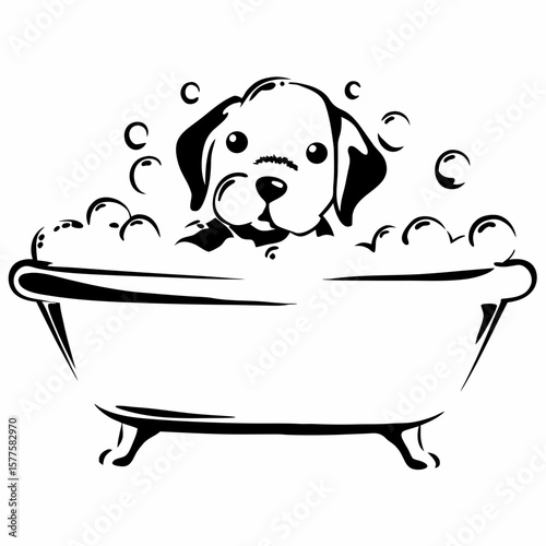 Dog taking a bath in a bathtub surrounded by bubbles - Concept of pet grooming  