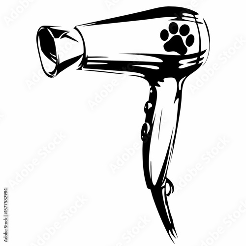 Pet grooming hairdryer with paw print design in black and white  